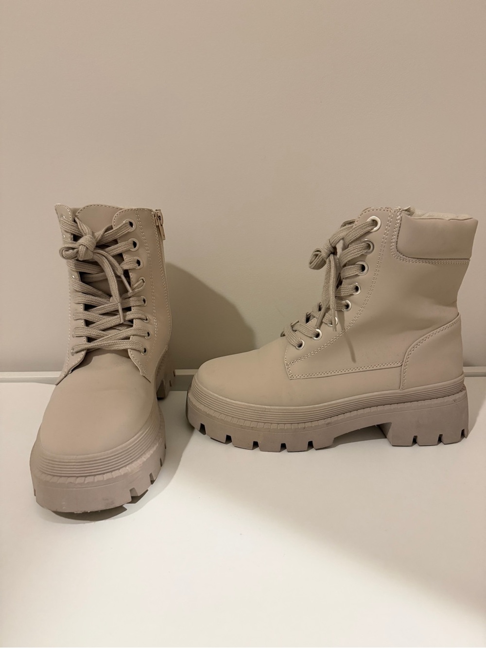 Women’s Chunky Lace-Up Combat Boots in Beige